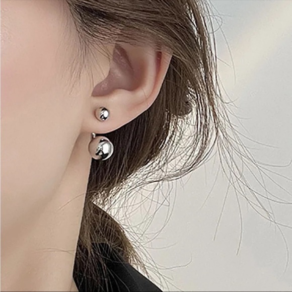 New Silver Ear Jacket Earrings with Double Ball - Picture 6 of 9